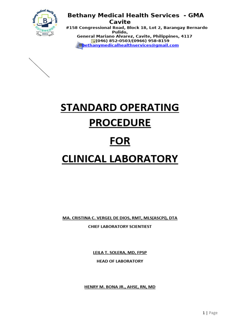 Clinical Laboratory SOP - Bethany Medical | PDF | Housekeeping ...