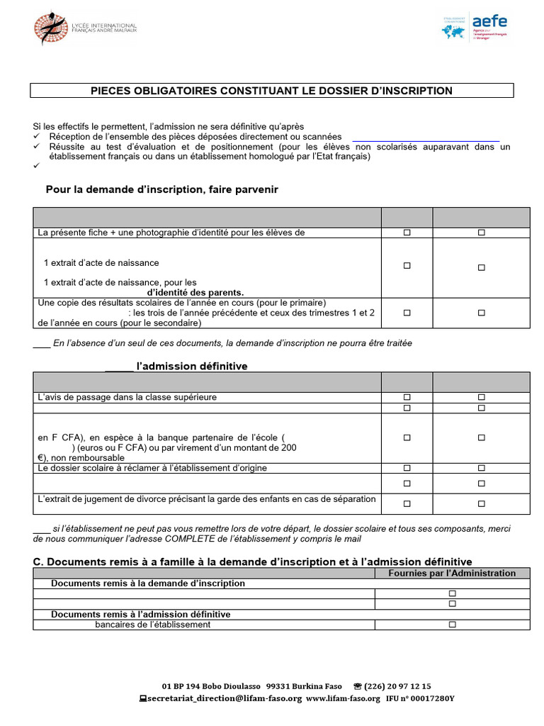 Dossier d'inscription Lycée Français Malraux | PDF