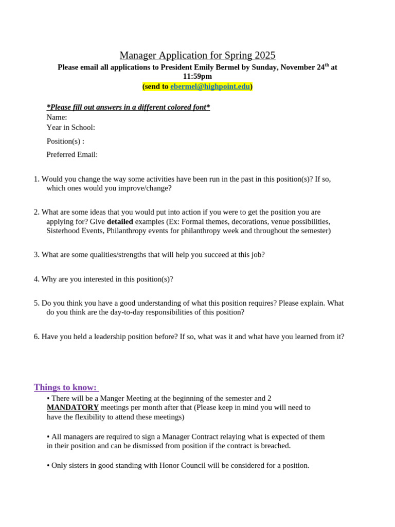 Spring 2025 Manager Application Guide | PDF