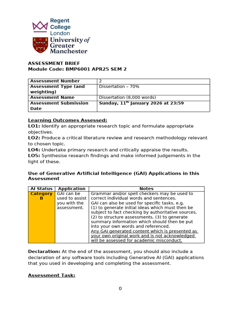 Dissertation Guidelines for BMP6001 | PDF | Thesis | Methodology