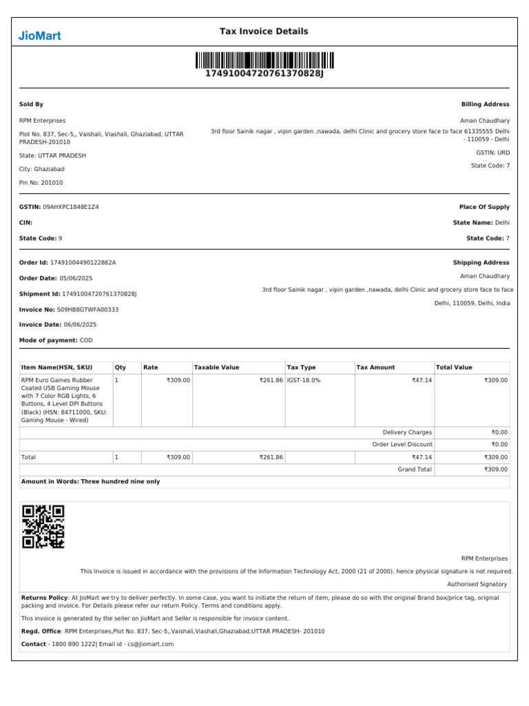 Invoice for RPM Euro Gaming Mouse | PDF | Invoice | Payments