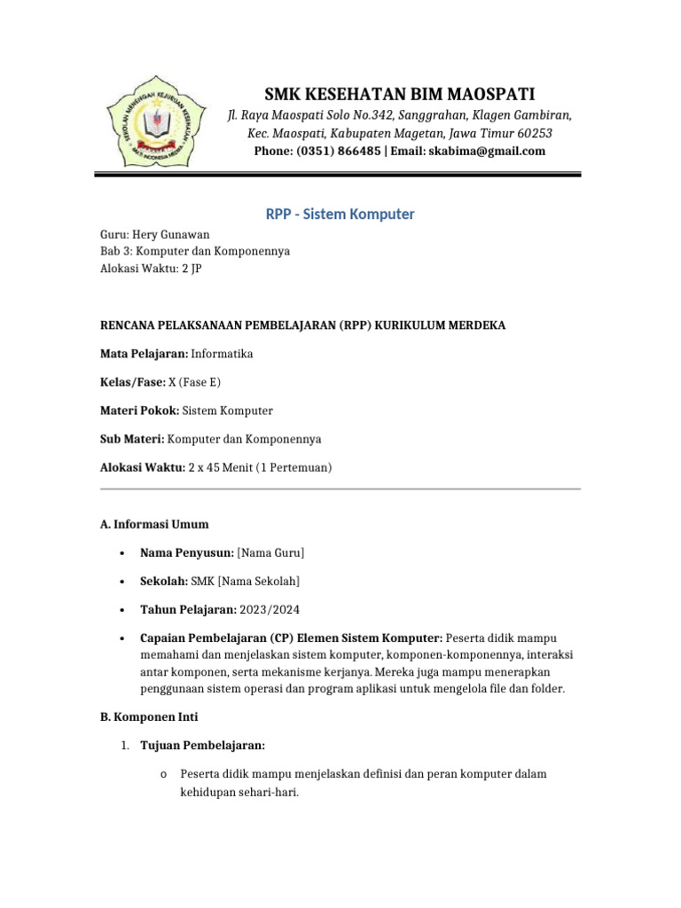 RPP Sistem Komputer untuk Kelas X | PDF