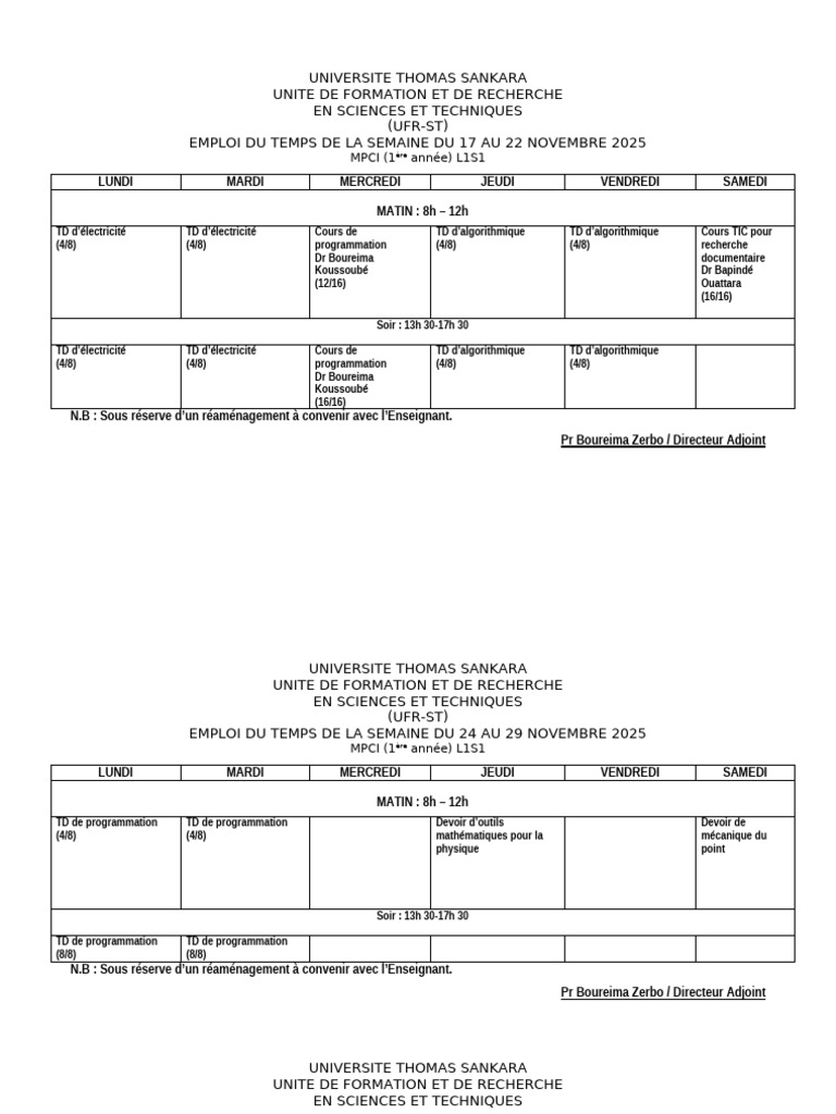 Emploi du temps L1S1 MPCI - Nov/Déc 2025 | PDF | Mathématiques