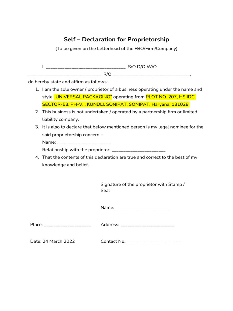 Proprietorship Self-Declaration Template | PDF