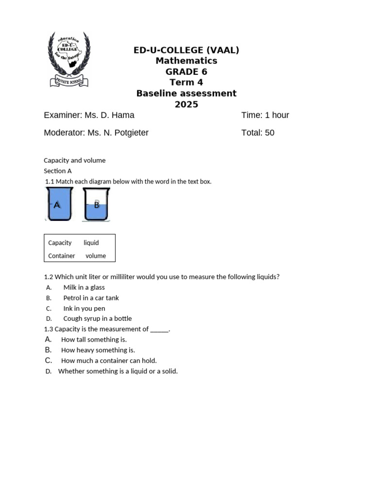 Grade 6 Term 4 Math Assessment 2025 | PDF