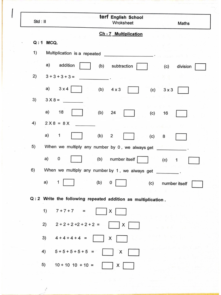Maths Ch.7 (Multiplication) Practice Worksheet | PDF