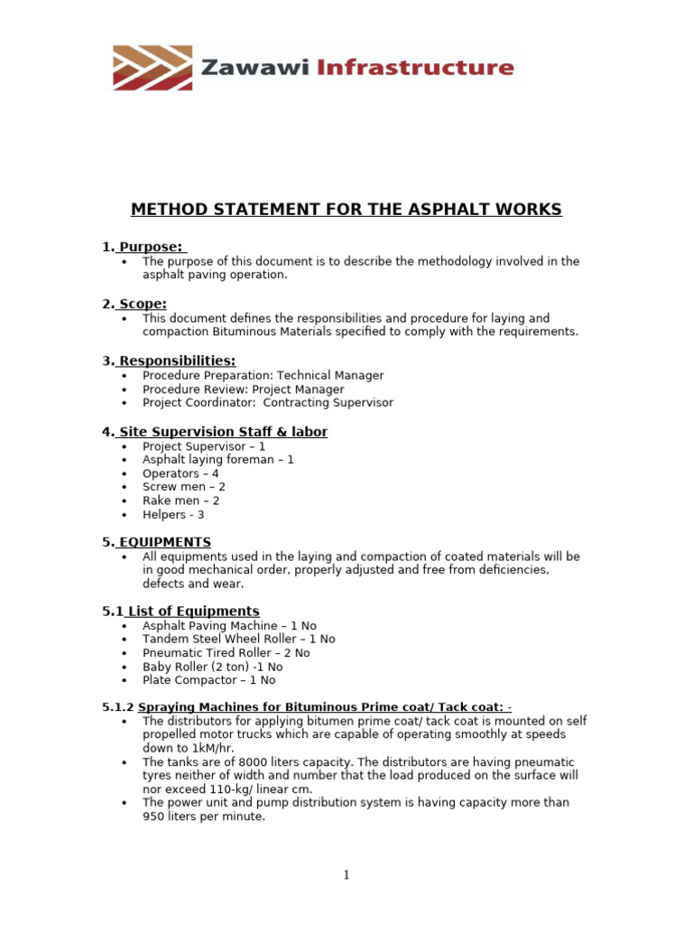 Asphalt Paving Method Statement Guide | PDF | Road Surface