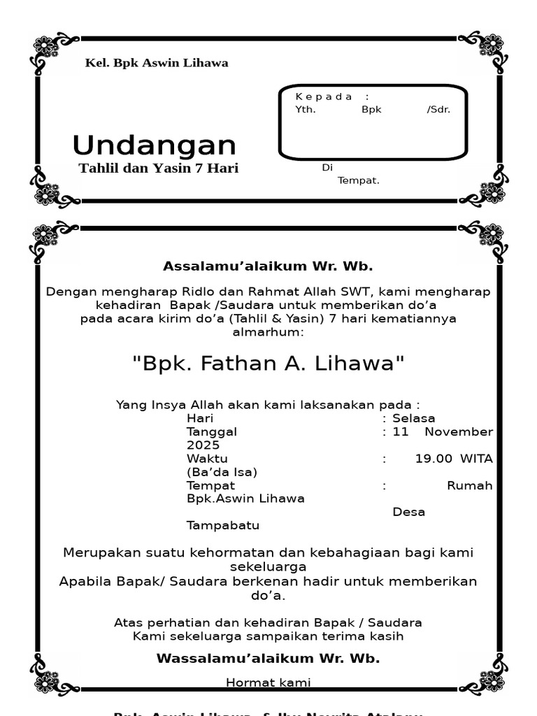 Tahlil dan Yasin 7 Hari untuk Bpk. Fathan | PDF