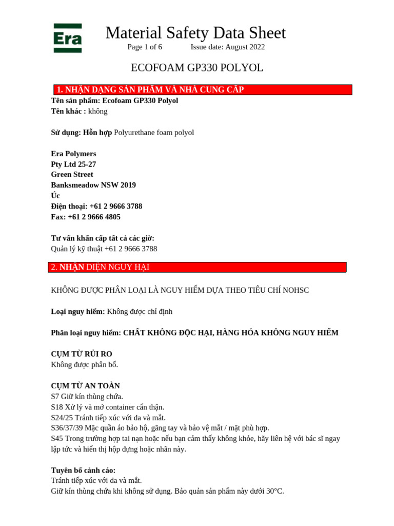 GP330 Polyol - MSDS | PDF