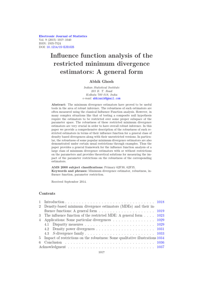 Influence Function of Restricted MDEs | PDF | Robust Statistics | Estimator