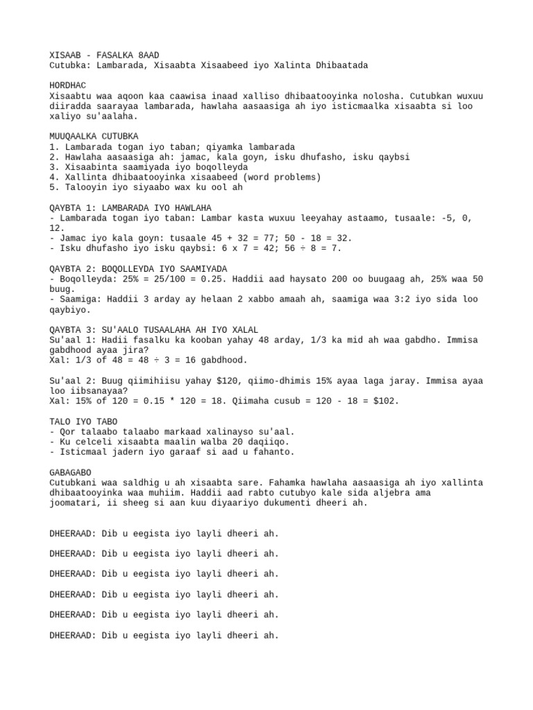 Xisaab Fasalka 8aad-1 | PDF