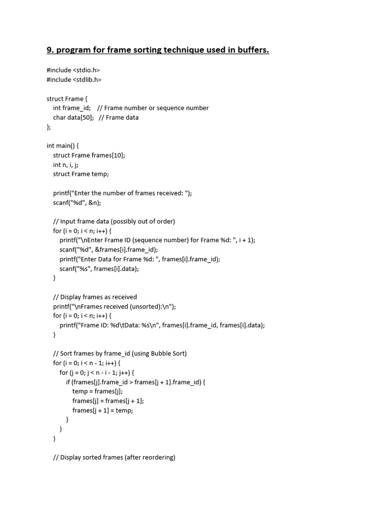 Frame Sorting Program in C | PDF