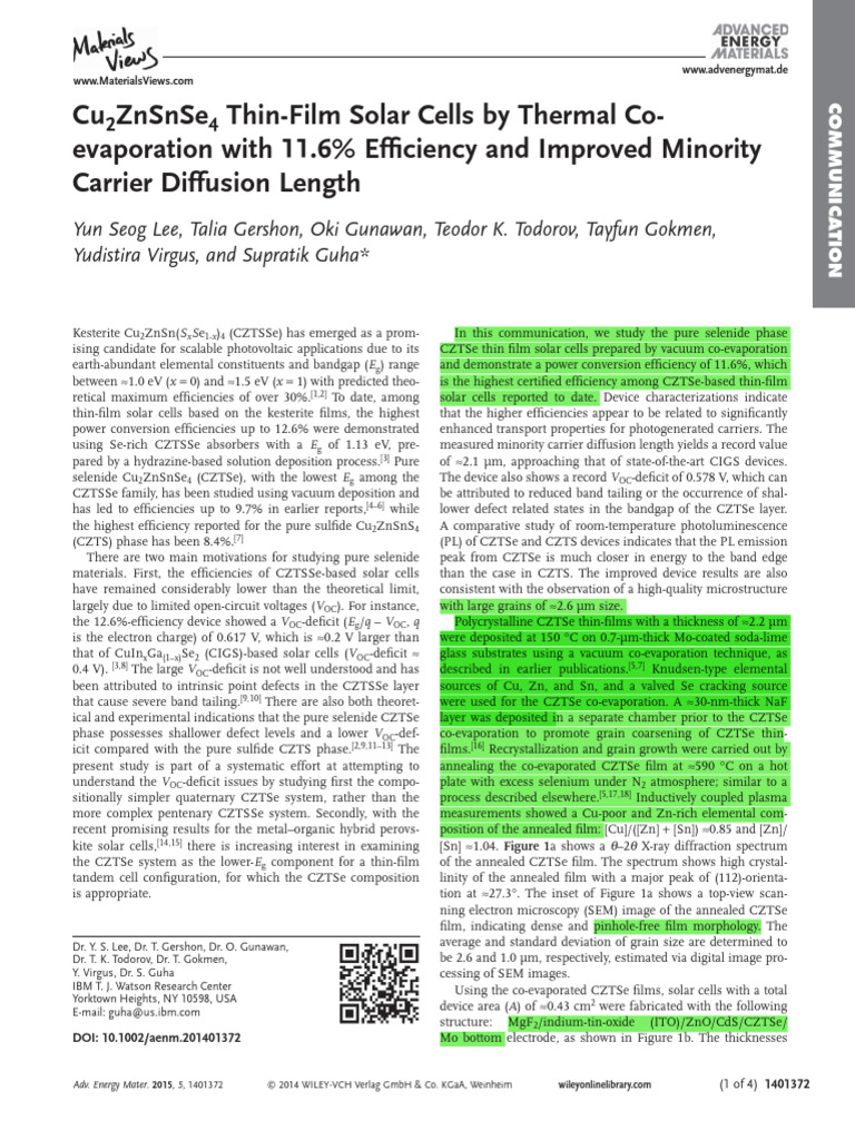 11.6% Efficient Cu2ZnSnSe4 Solar Cells | PDF | Thin Film Solar Cell ...