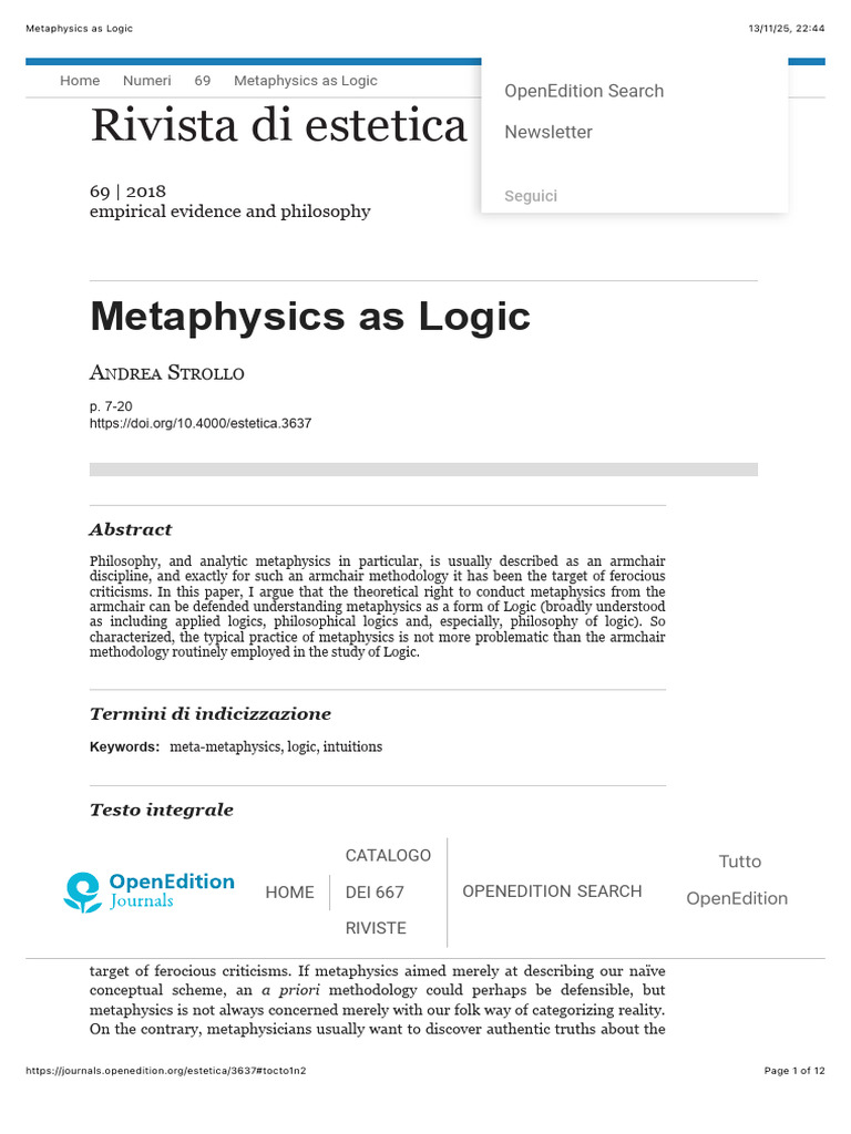 Metaphysics As Logic | PDF | Metaphysics | Logic