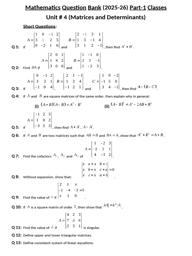 Mathematics Question Bank 2025-26: Units 4-13 | PDF | Matrix ...