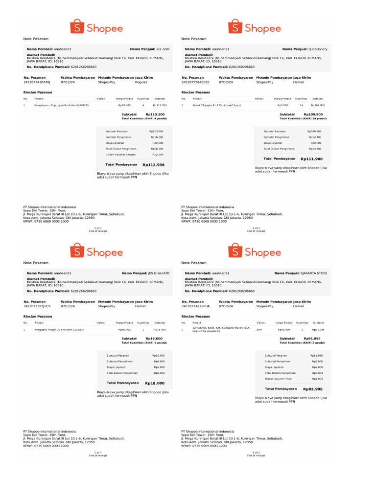 Nota Belanja Shopee | PDF