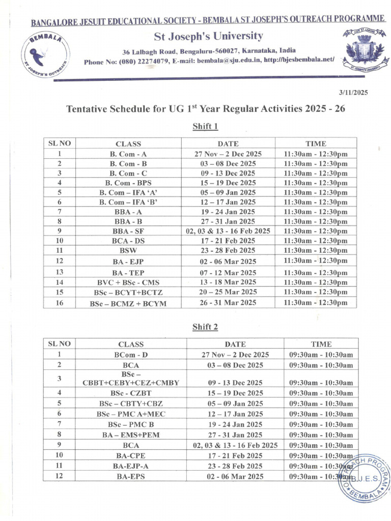 Tentative Schedule - 1st Year UG | PDF