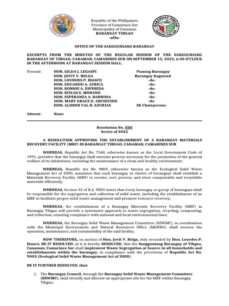 Establishment of a Barangay Materials Recovery Facility (Mrf) 30 | PDF ...
