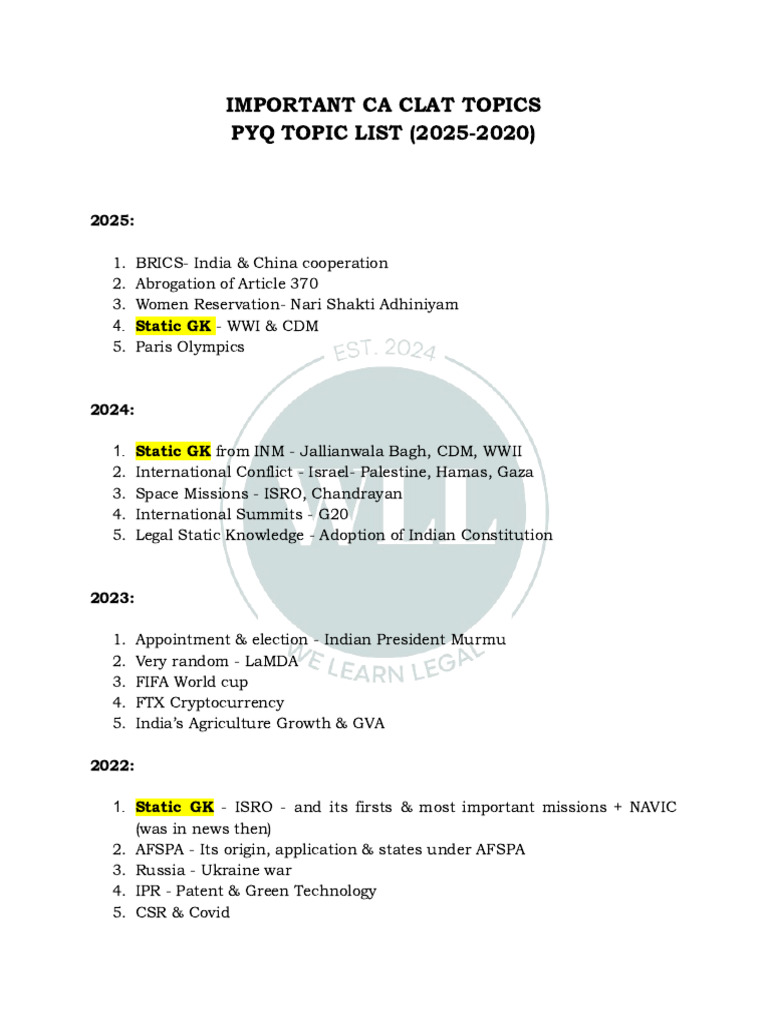 Key CA CLAT Topics 2020-2026 | PDF | Nasa