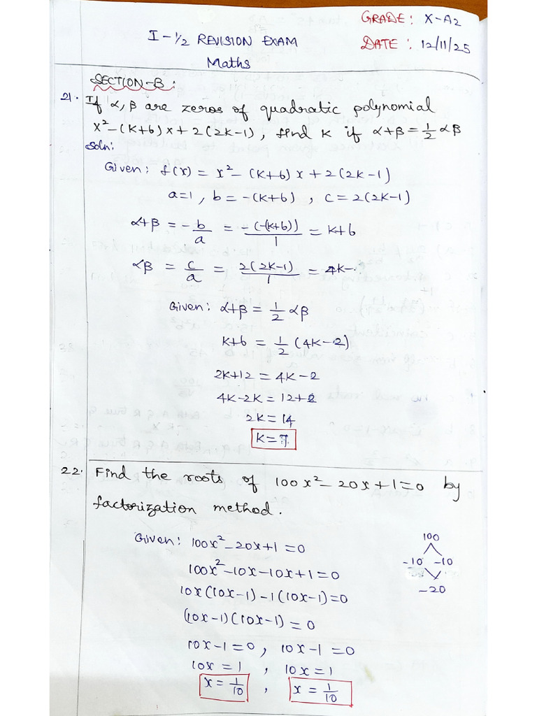GRADE X (I - One Half Revision Exam) Answer Key | PDF
