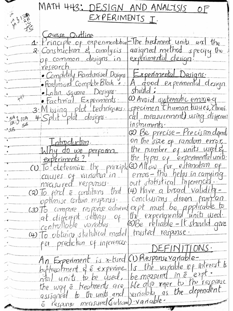 Math 443 Design and Analysis of Experiments 1 | PDF
