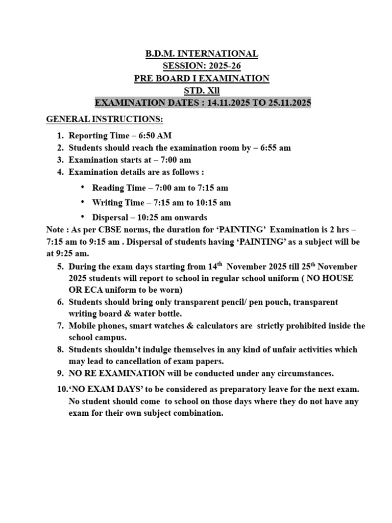 Xii Pre Board I Instructions For Students | PDF