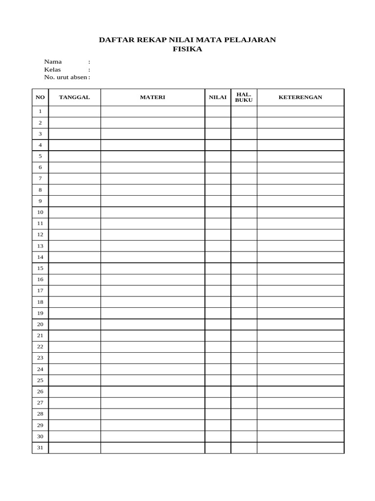 Tabel Rekap Nilai Fisika | PDF
