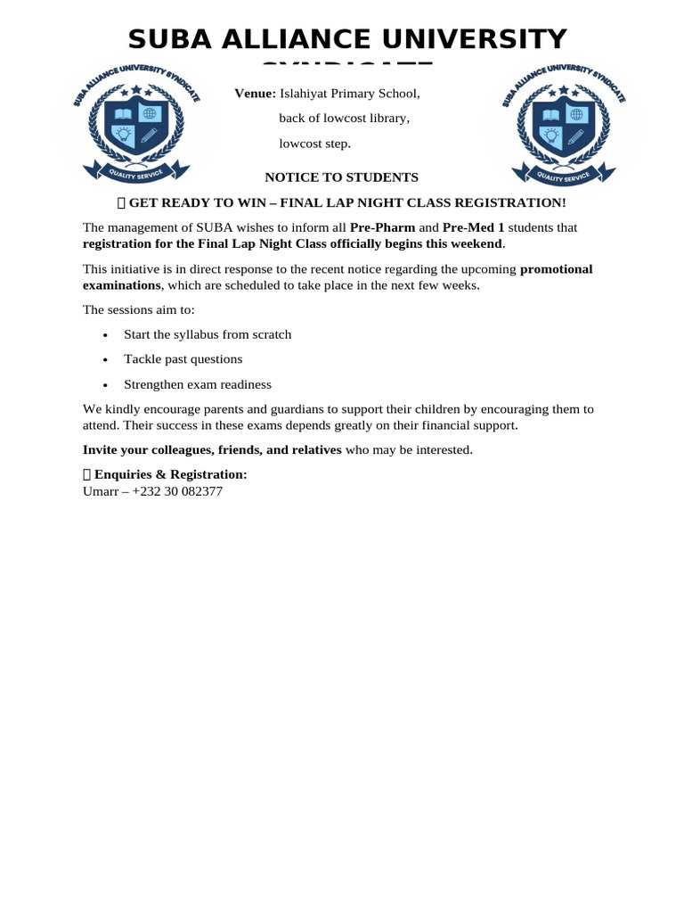 Suba Notice To Students | PDF