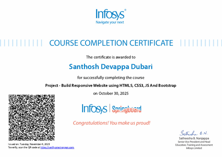 Santhosh Devappa Dubari: The Certificate Is Awarded To | PDF