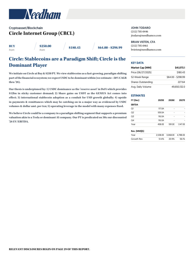 Needham CRCL Circle - Stablecoins Are A Paradigm Shift - Circle Is The |  PDF | Economies | Money