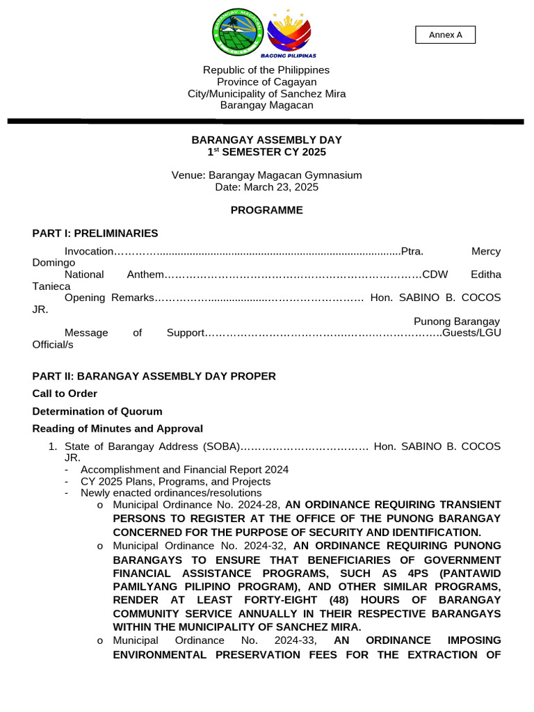 Barangay Assembly Day Program 2025 | PDF | Disaster Risk Reduction
