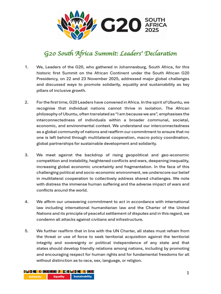 G20 South Africa Leaders' Declaration 2025 | PDF | Food Security ...