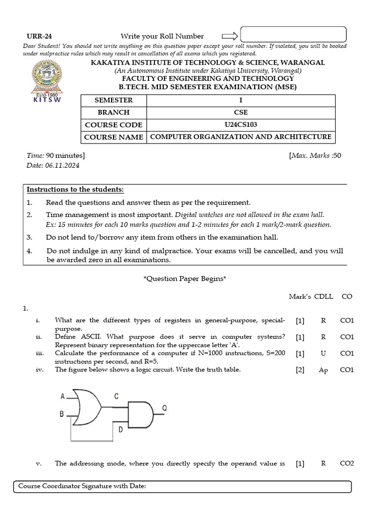 Coa Mse1 (B.techisem) (Urr24) | PDF | Computer Programming | Computer ...