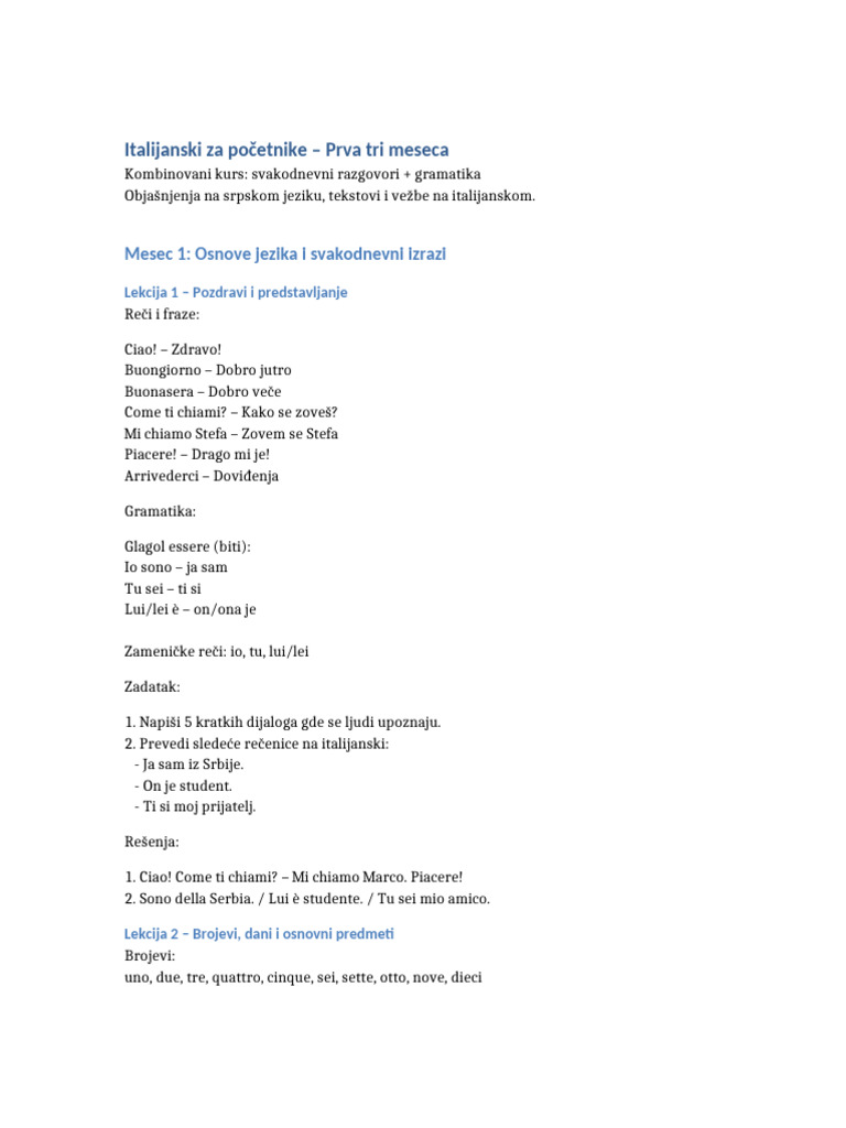 Italijanski Za Pocetnike 3 Meseca | PDF