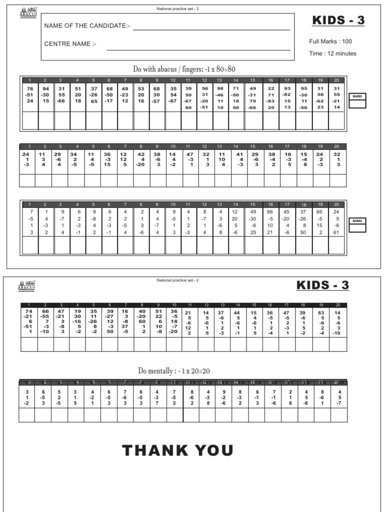 National Level Kids Small Abacus Practice Set | PDF