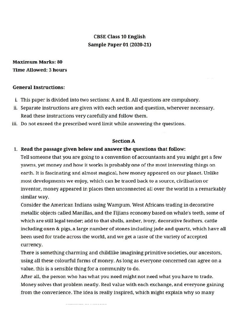 English Sample Paper Set 1 | PDF