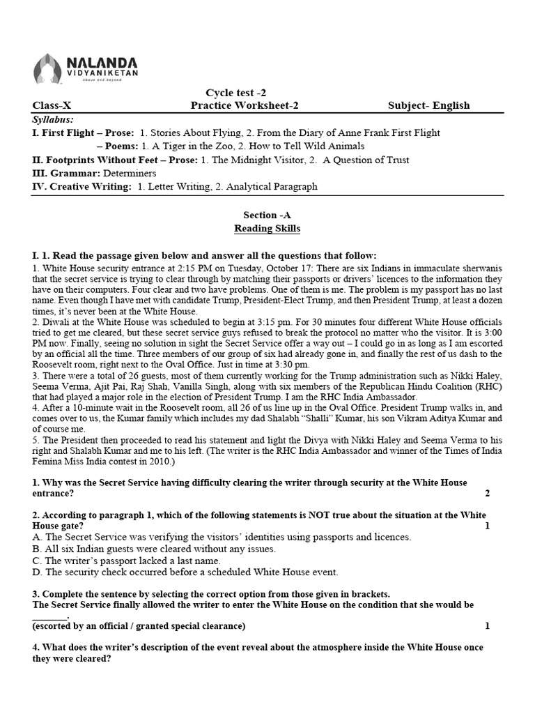 Class X English Practice Worksheet 2 | PDF