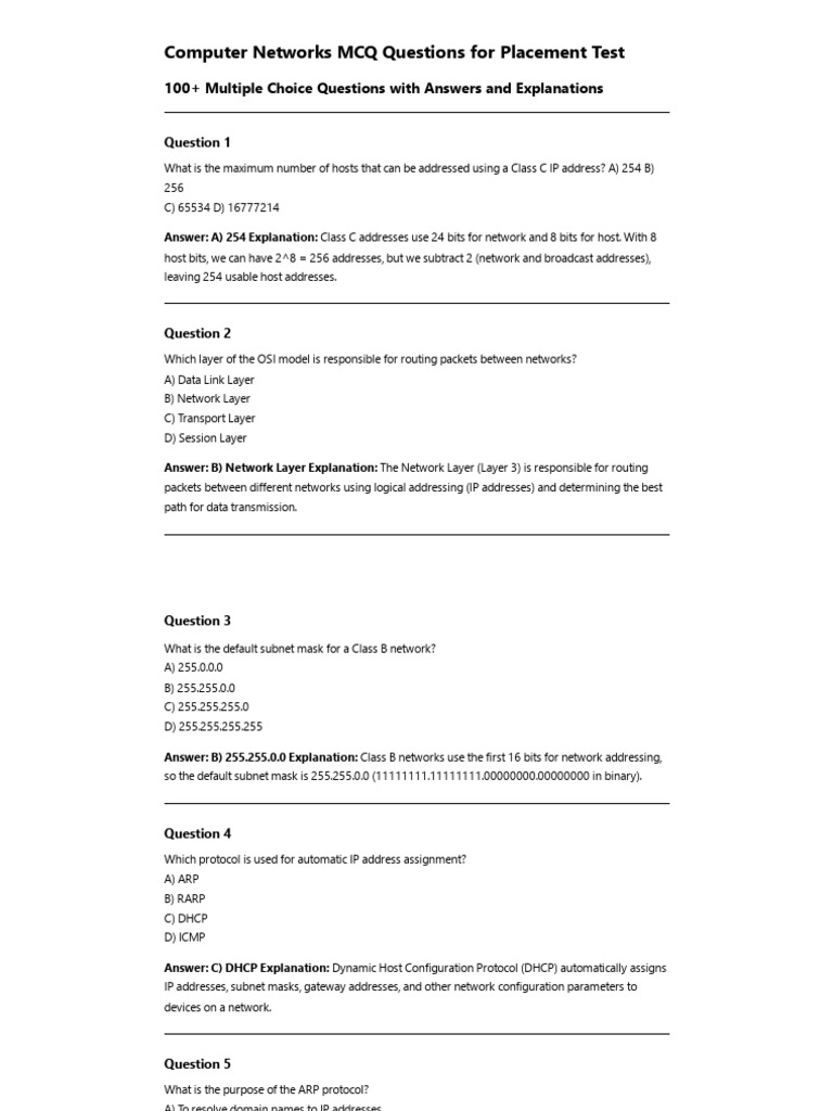 Computer Networks MCQs for Placement | PDF | Computer Network ...