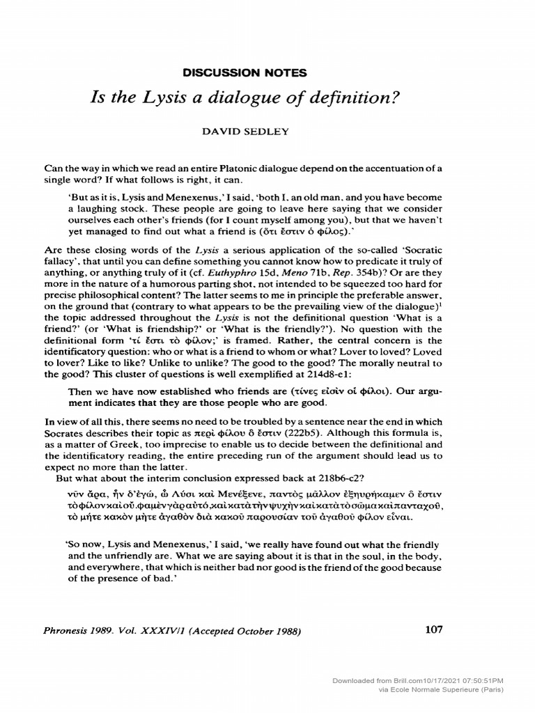 Lysis: Definitional Dialogue Analysis | PDF | Socrates | Classical ...