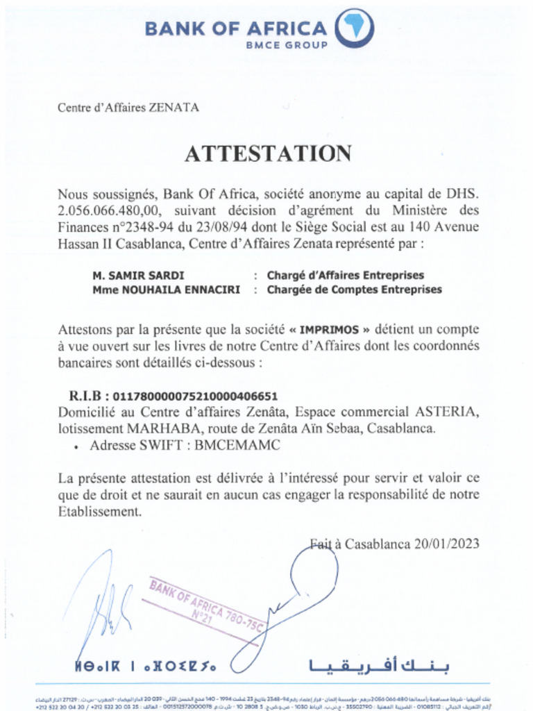 2023 Attestation de Rib Imprimos BMCE (1) - Copie | PDF