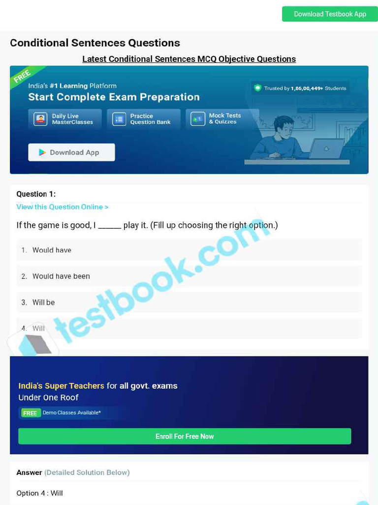 MCQ On Conditional Sentences 5eea6a0e39140f30f369e3f2 | PDF