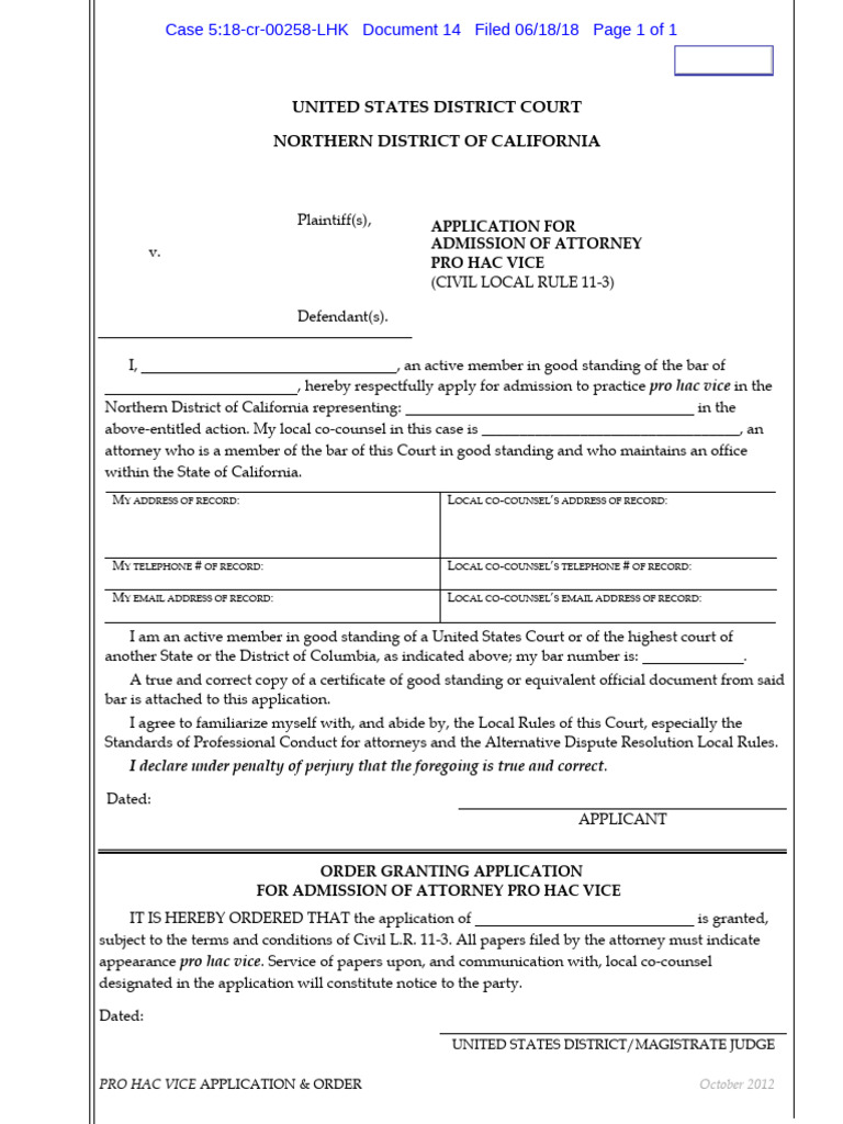 Pro Hac Vice Application Form | PDF | Lawyer | Justice