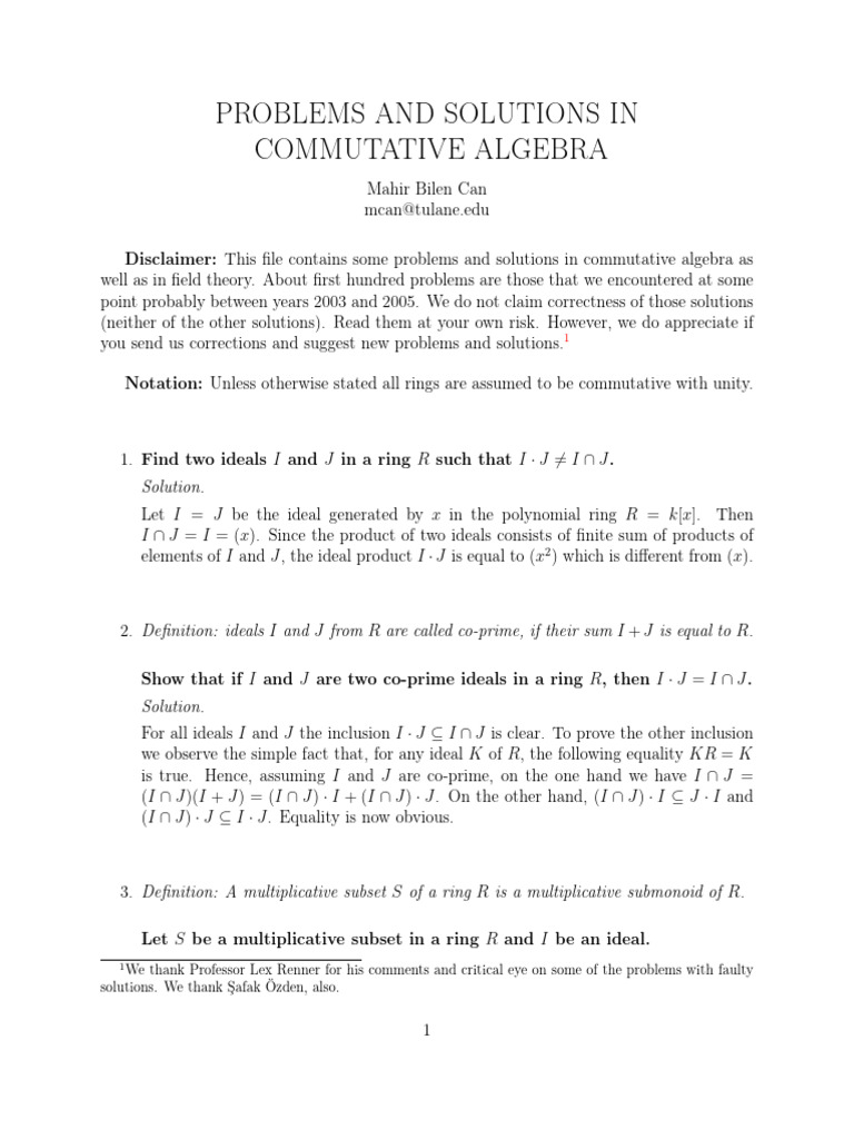 Problems and Solutions in Commutative Algebra | PDF | Ring (Mathematics ...