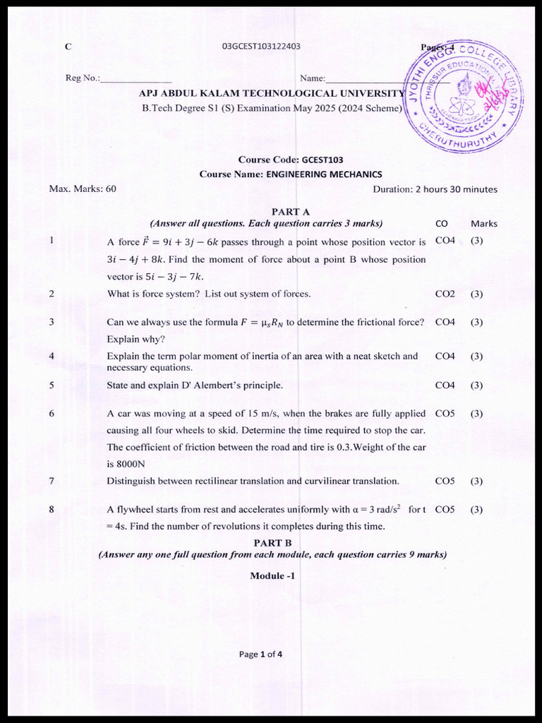 Engineering Mechanics Exam Questions | PDF | Force | Rotation
