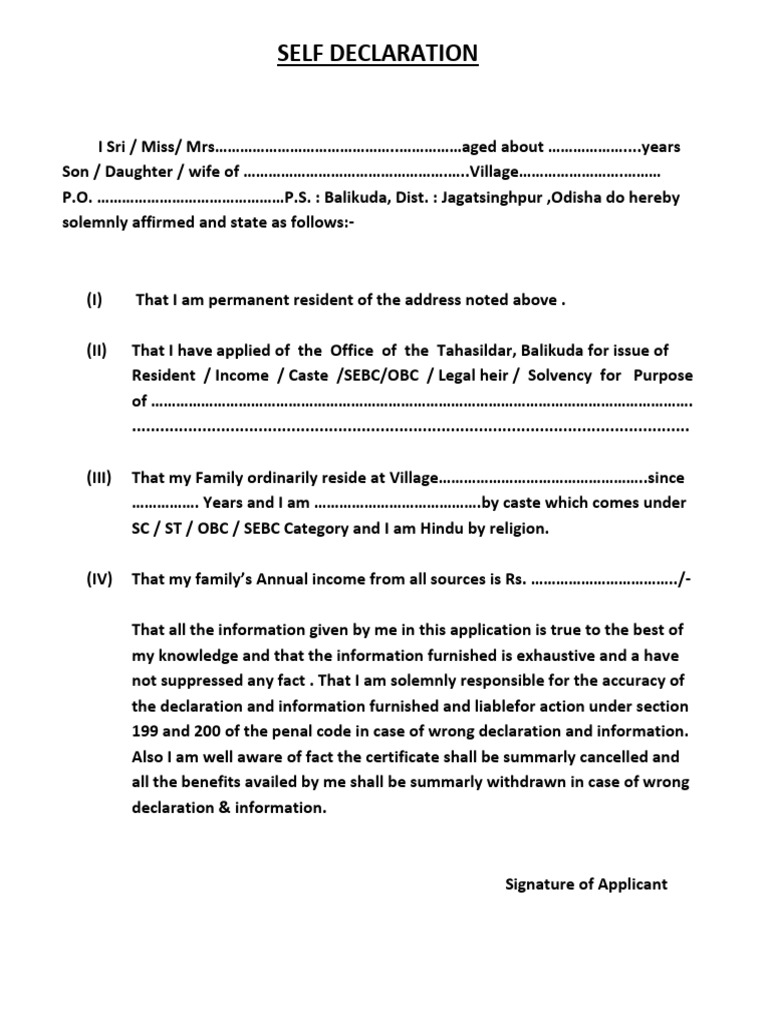 Self Declaration for Resident Certificate | PDF