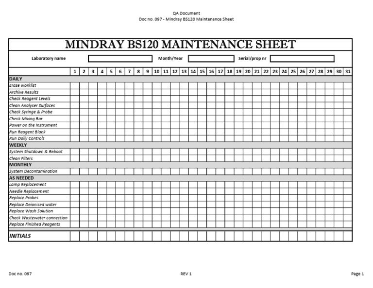 Mindray BS120 Maintenance Checklist | PDF