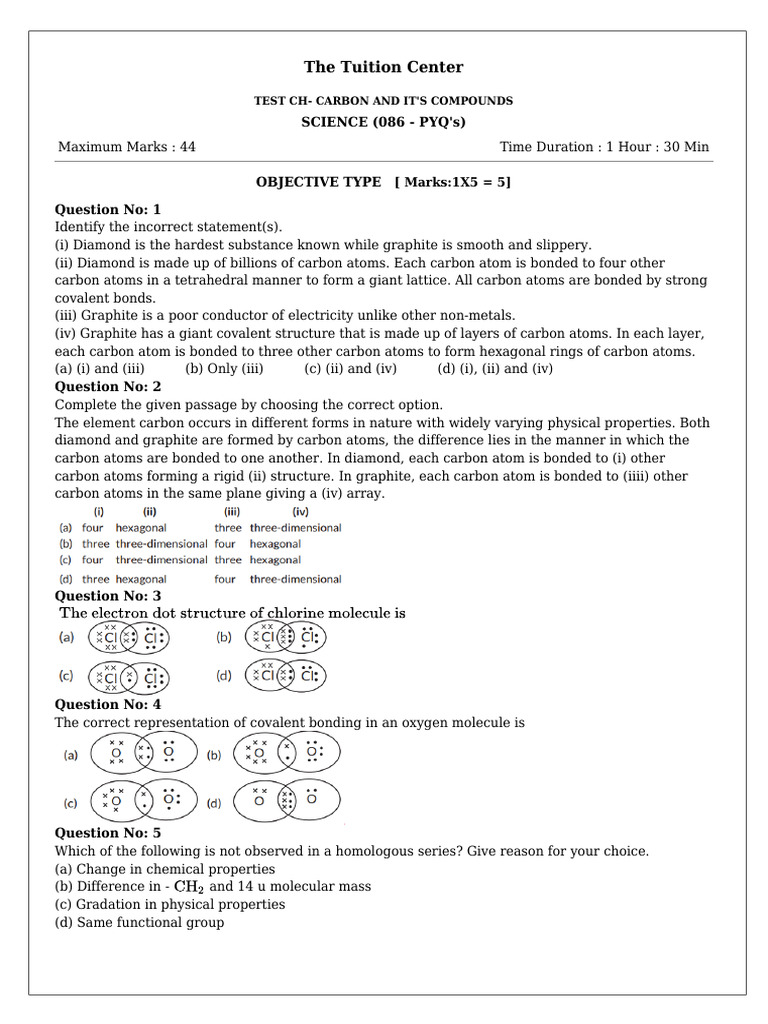 Carbon and Its Compounds Test Paper | PDF | Carbon | Chemical Bond