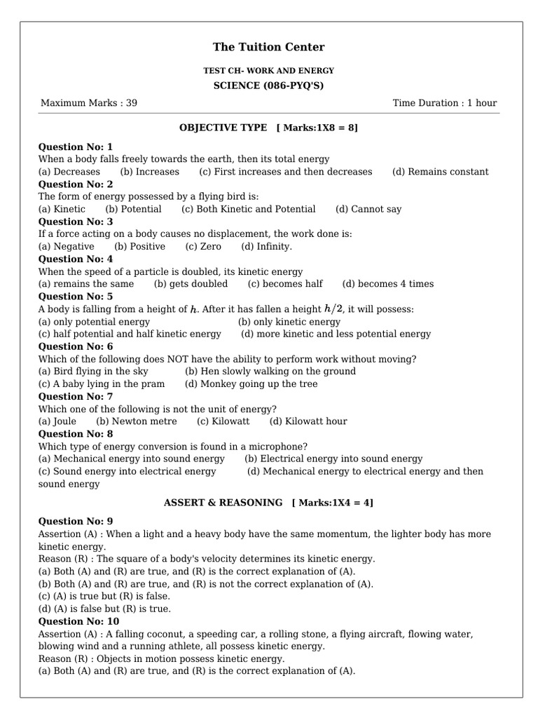 Work and Energy Test Questions | PDF | Kinetic Energy | Potential Energy