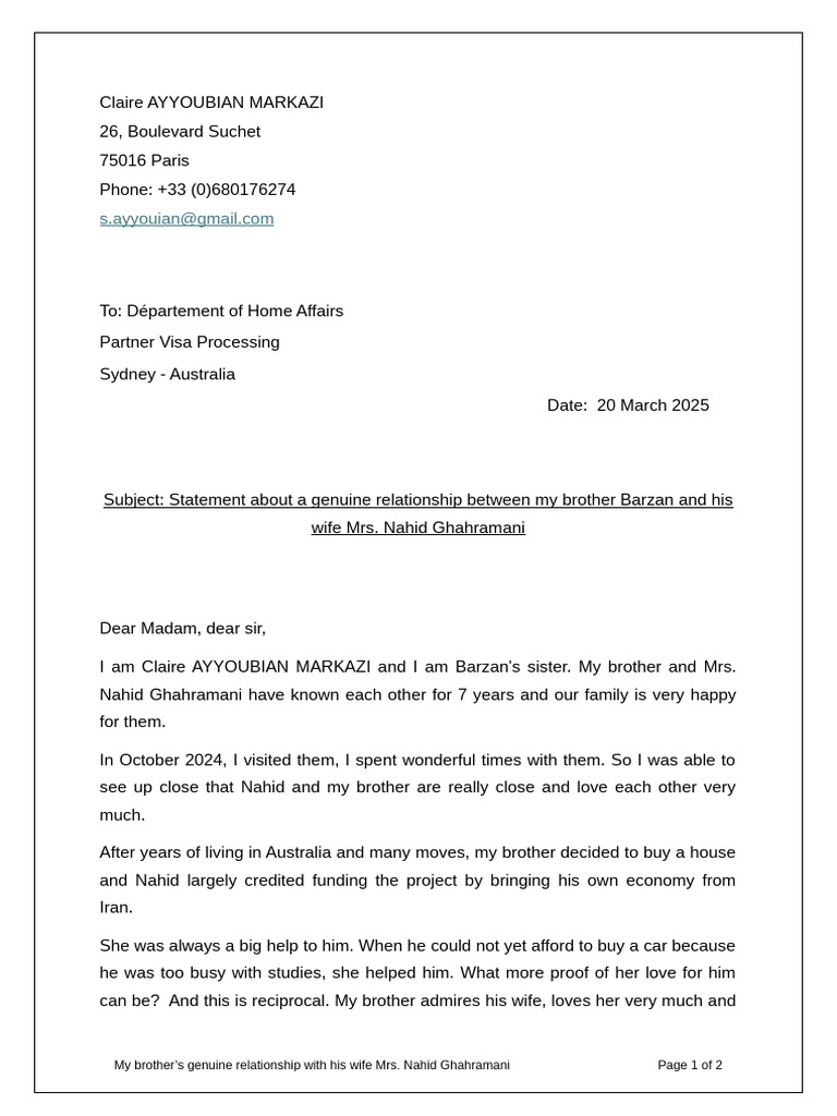 Genuine Relationship Statement for Visa | PDF