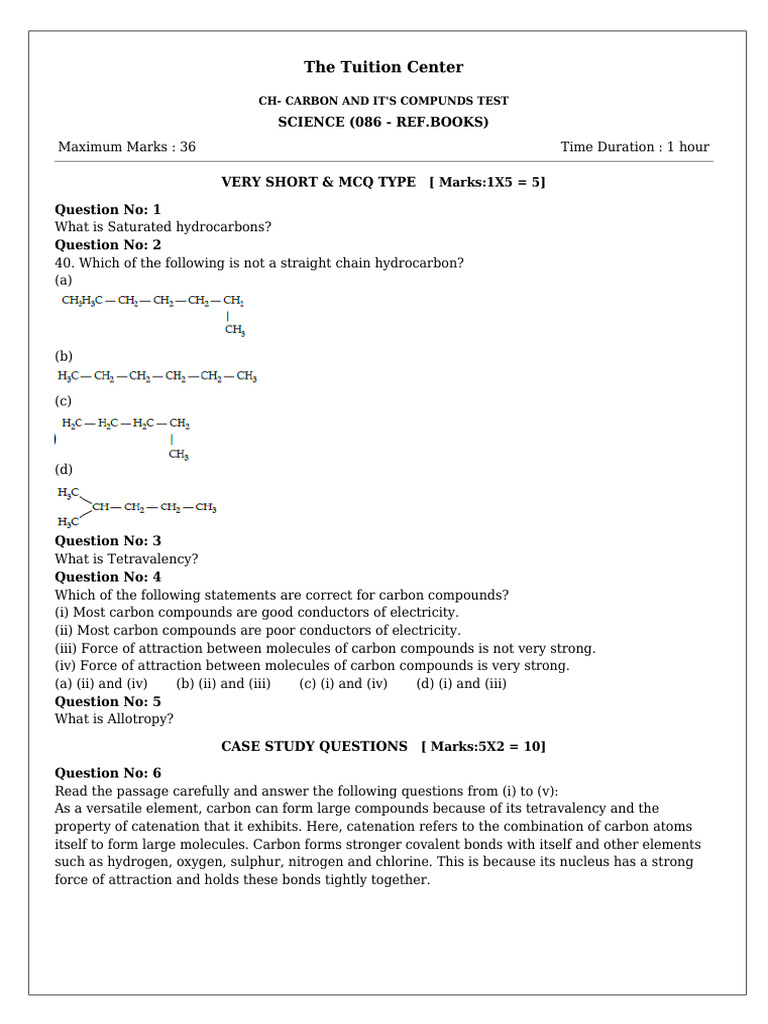 Carbon Compounds Test Questions | PDF | Carbon | Chemical Bond